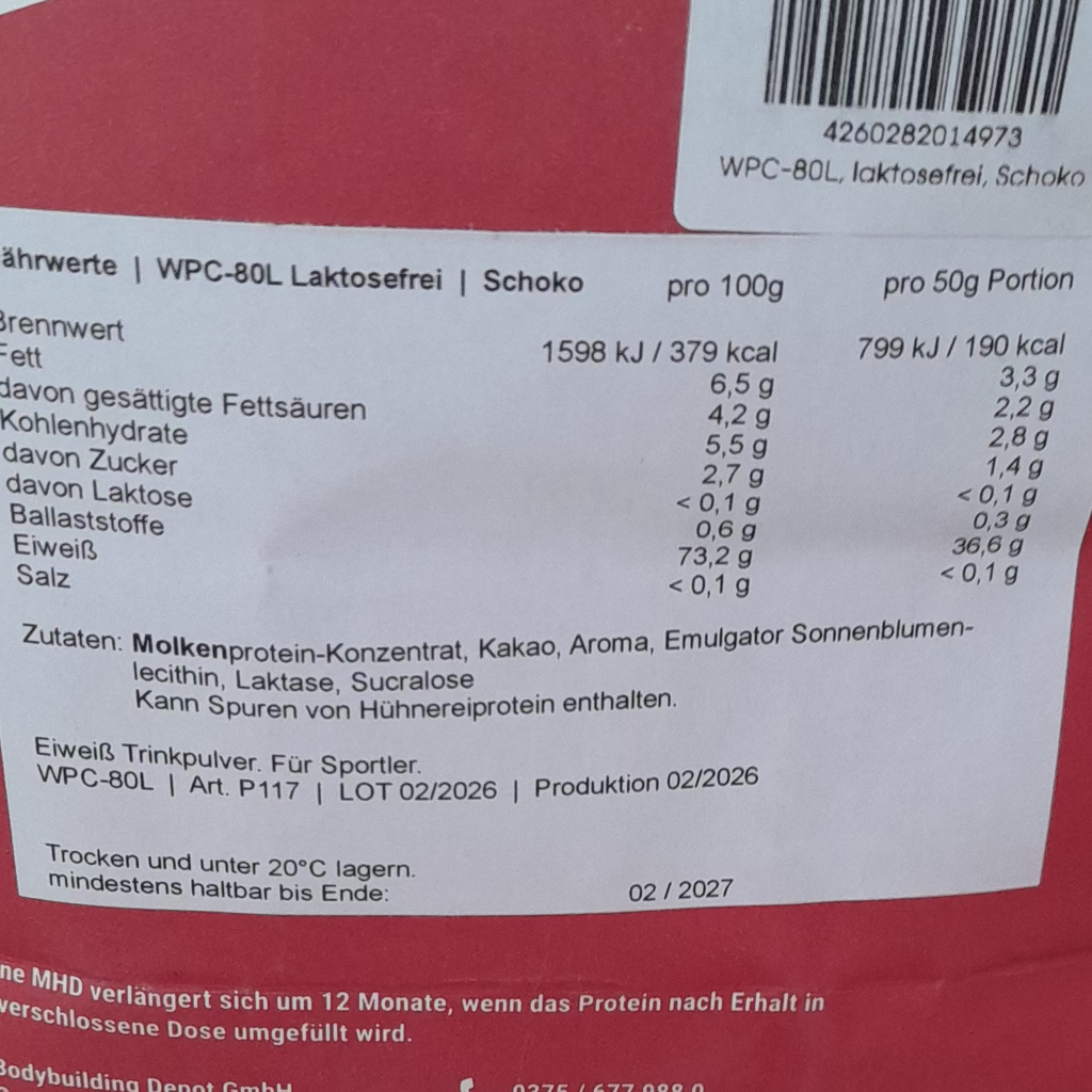 Bodybuilding Depot Professional Protein WPC-80  laktosefrei  Schoko 1kg