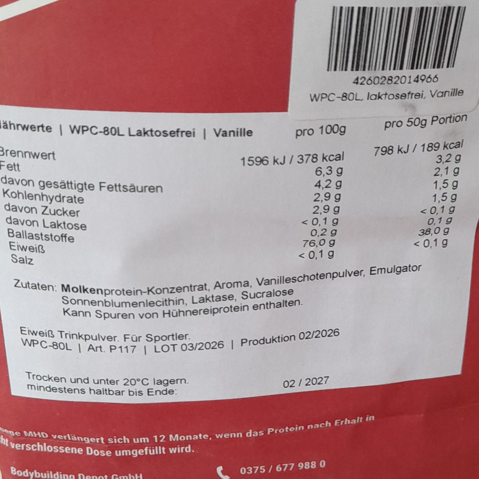 Bodybuilding Depot WPC-80 laktosefrei Vanille 1kg