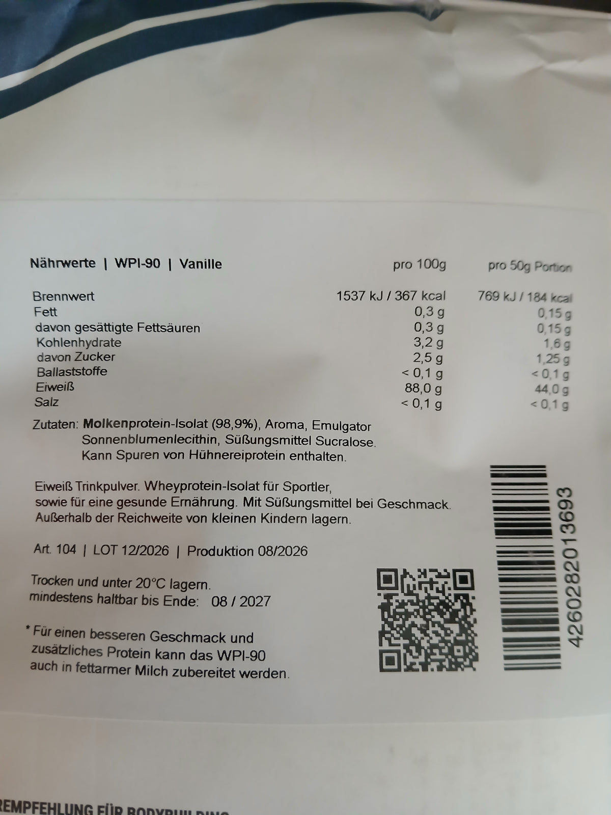 Whey Isolat WPI-90 Vanille – 87g Protein, laktosearm, Made in Germany